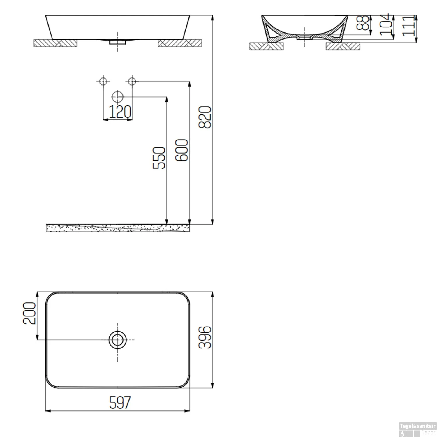 Opbouw Wastafel Boss & Wessing Juno 60x40cm Keramiek Mat Basalt 4 Opbouw Wastafel Boss & Wessing Juno 60x40cm Keramiek Mat Basalt - Afbeelding 2