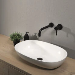 Opzetwastafel Luca Sanitair Ovaal 57x38x13.5 Mineral Stone Glans Wit -Sealkin Badkamermeubilair Winkel opzetwastafel luca sanitair ovaal 57x38x13.5 mineral stone glans wit luva1306 2