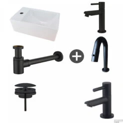 Fonteinpack Rhea XXS Links Keramiek 30.5x18x11 Cm Mat Zwart (Keuze Uit 4 Kranen)