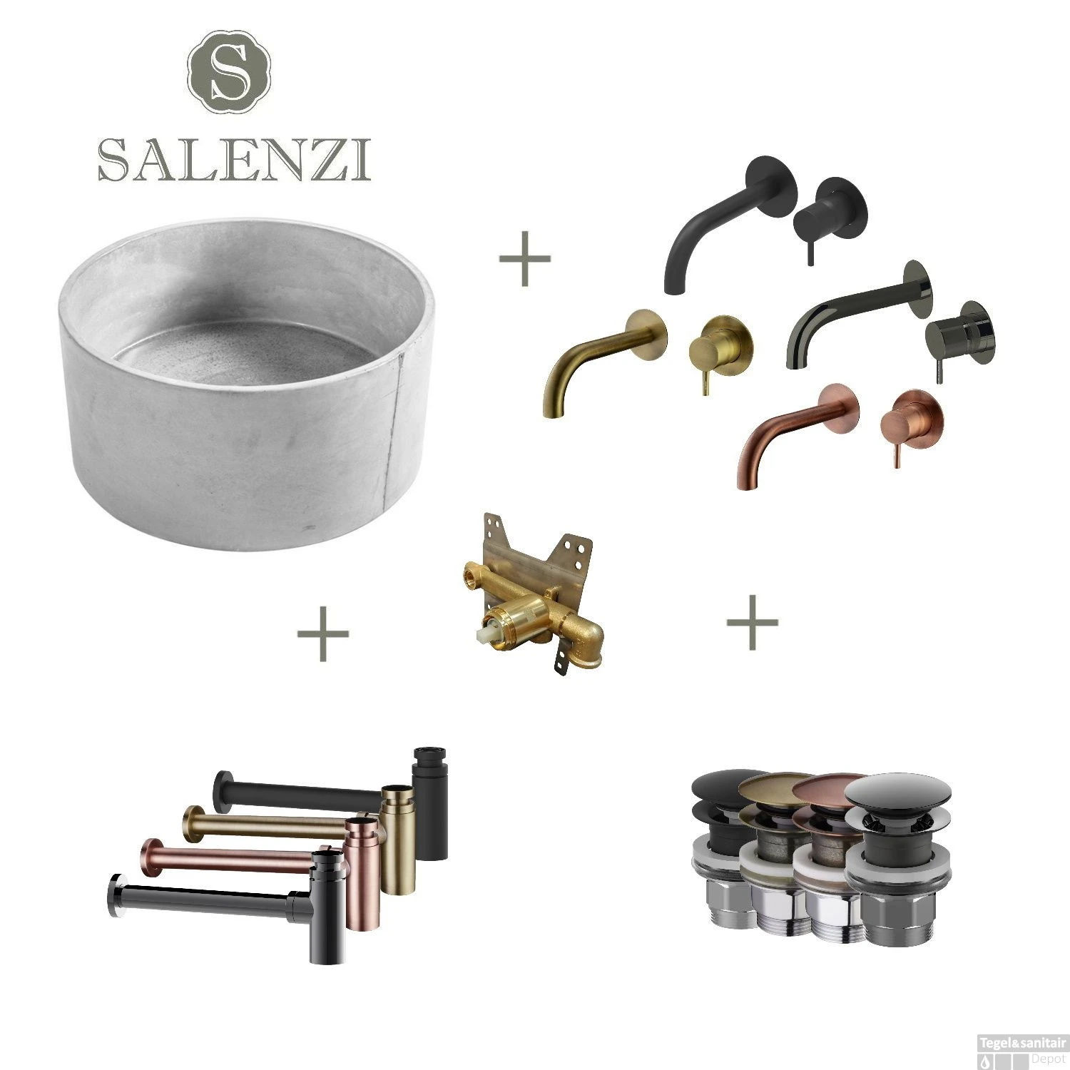 Salenzi Waskomset Beton 40x19 Cm Rond Mat Grijs (Keuze Uit 4 Kleuren Kranen)