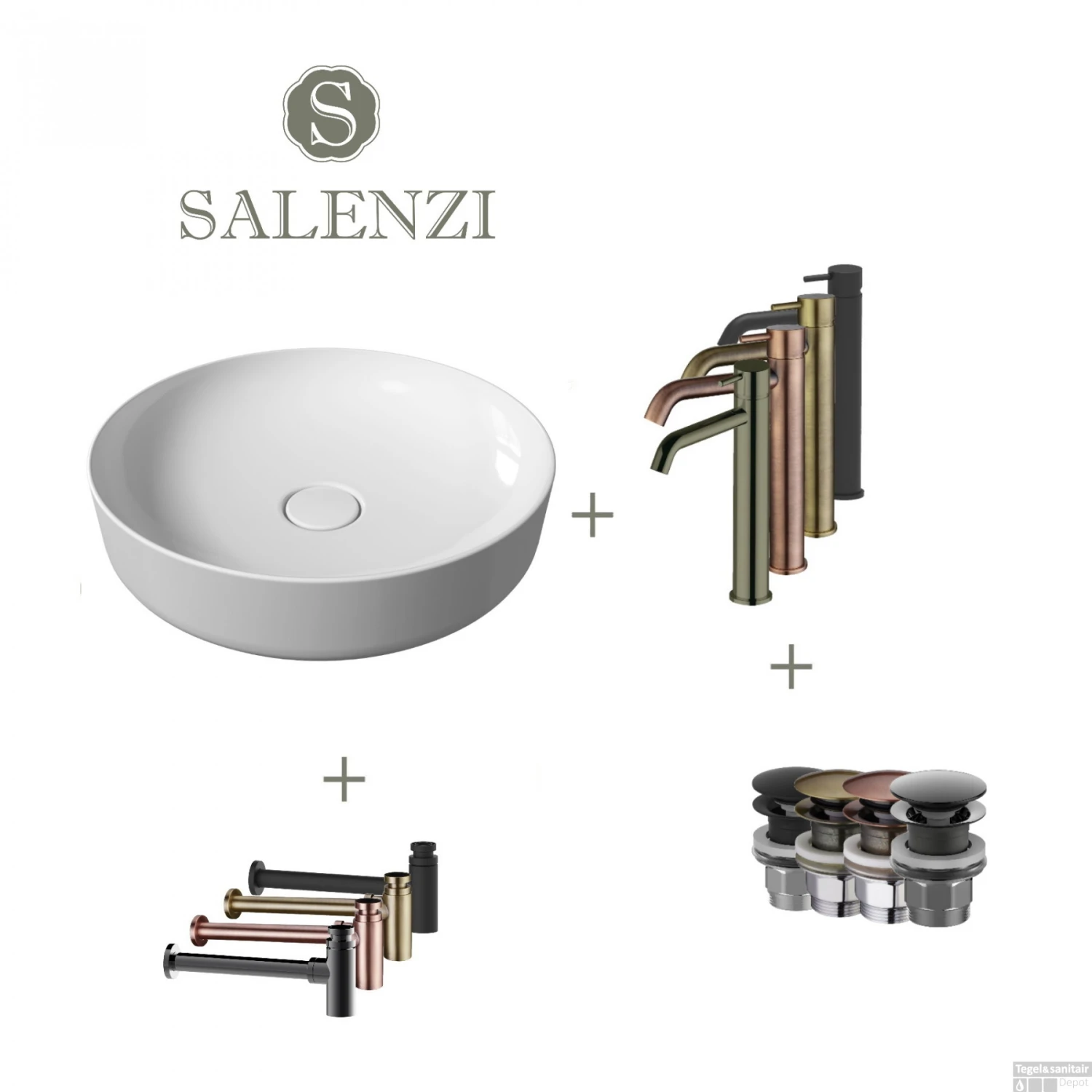 Salenzi Waskomset Form 45x12 Cm Incl Hoge Kraan Mat Wit (Keuze Uit 4 Kleuren Kranen)