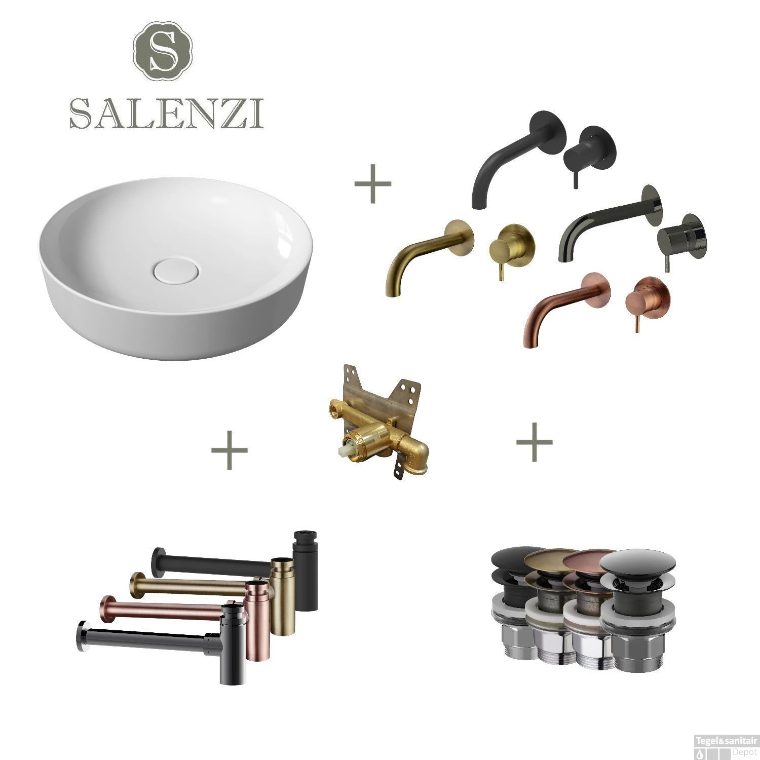 Salenzi Waskomset Form 45x12 Cm Mat Wit (Keuze Uit 4 Kleuren Kranen)