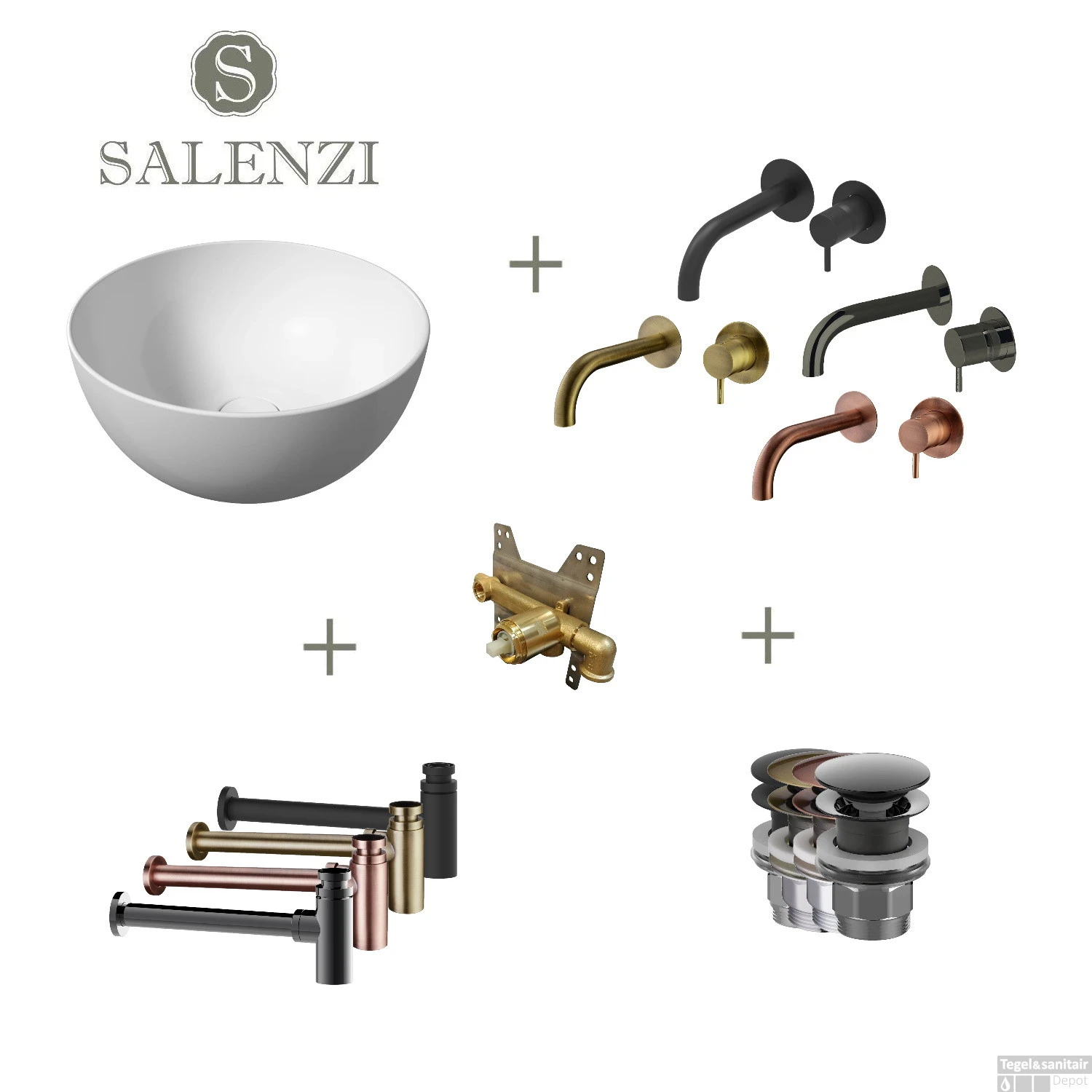 Salenzi Waskomset Unica Round 40x20 Cm Glans Wit (Keuze Uit 4 Kleuren Kranen) 3 Salenzi Waskomset Unica Round 40x20 Cm Glans Wit (Keuze Uit 4 Kleuren Kranen)