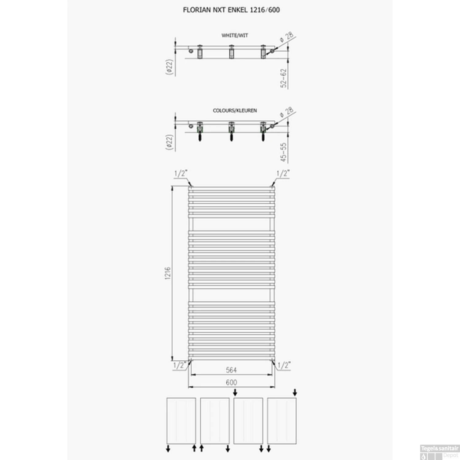 Handdoekradiator Florion Enkel 1216 X 600 Mm Wit Structuur - Afbeelding 2