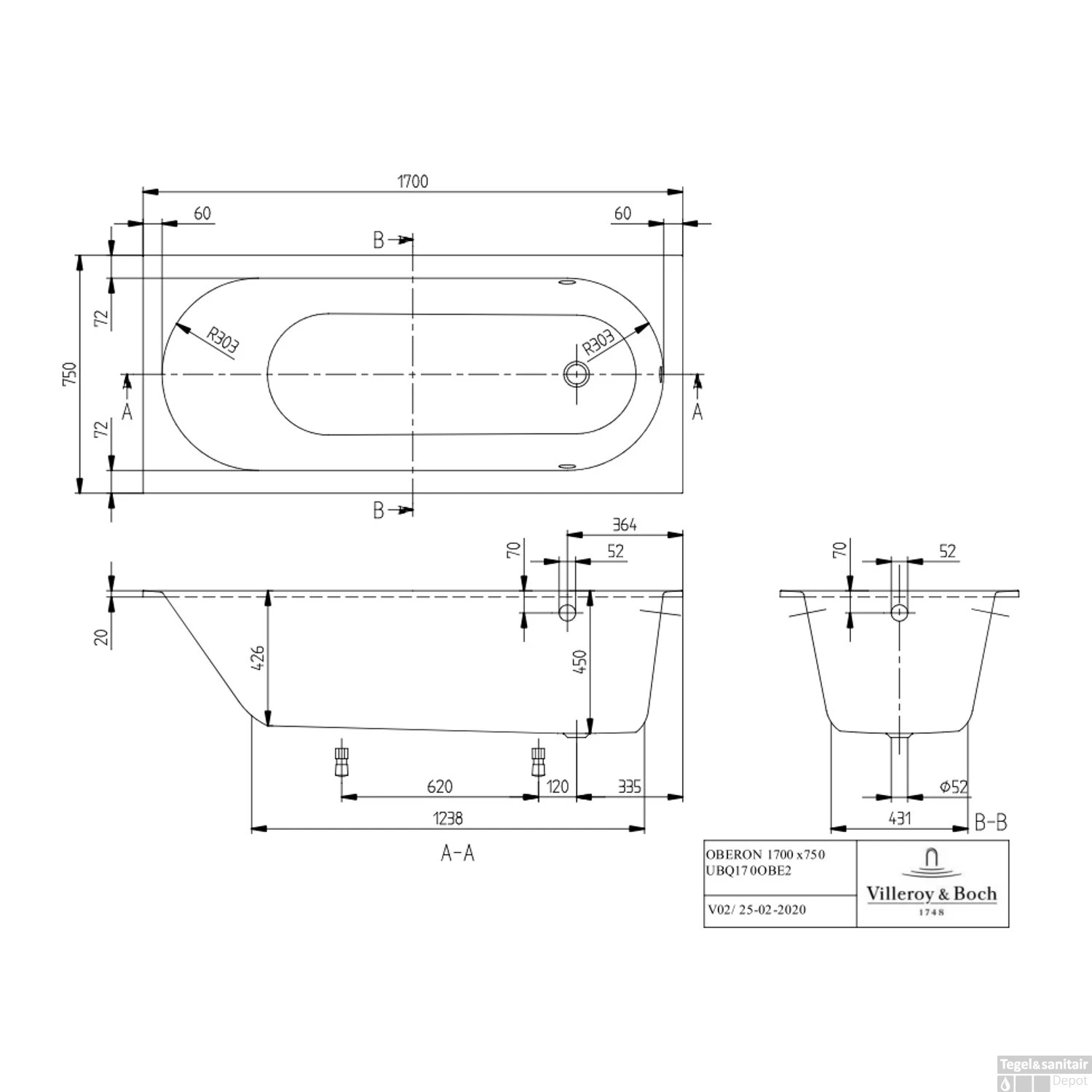 Villeroy & Boch Oberon Quaryl 170 X 75 CM Met Poten Wit Alpin - Afbeelding 3