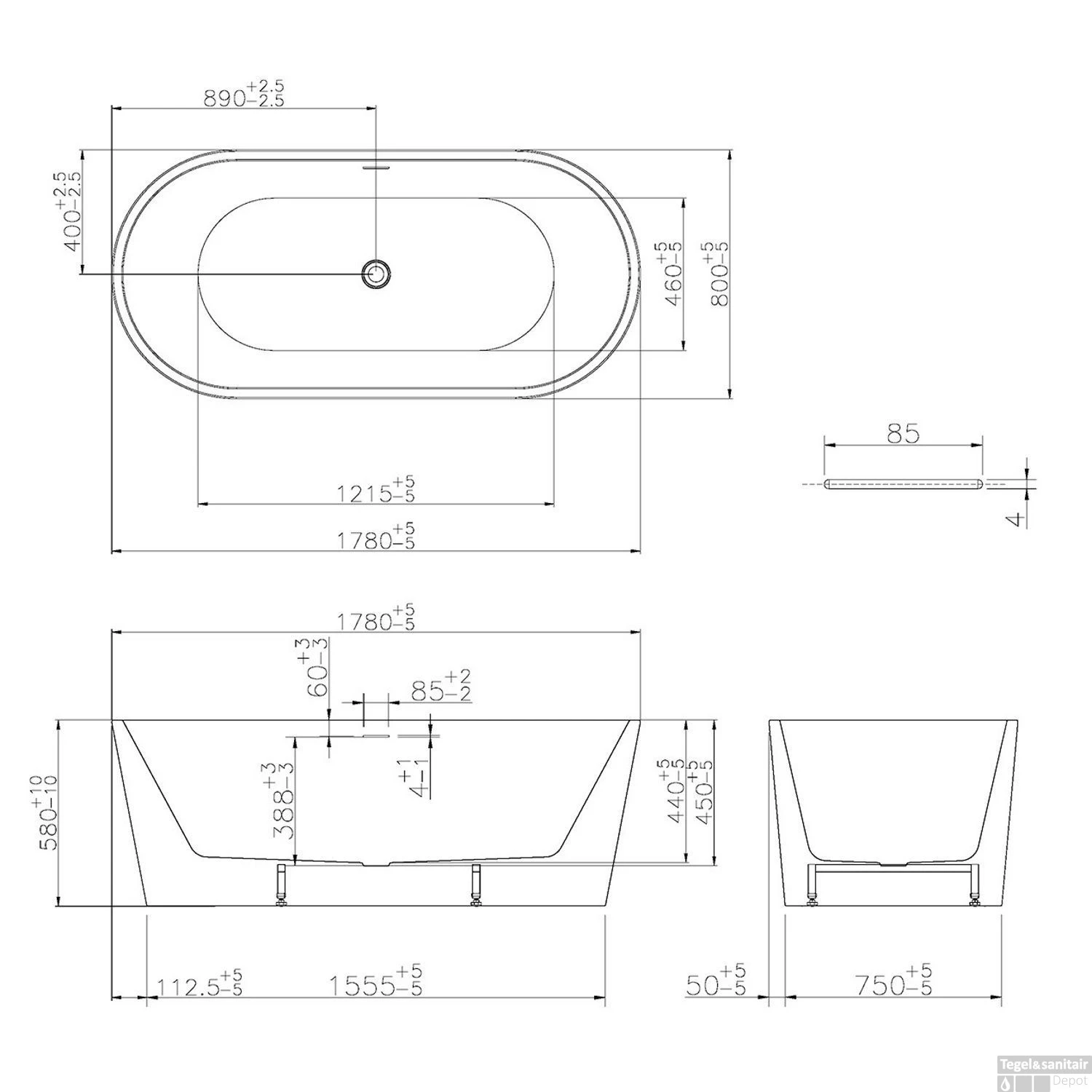 BWS Vrijstaand Ligbad | Orea Acryl | 178x80cm | Met Waste | Wit - Afbeelding 6
