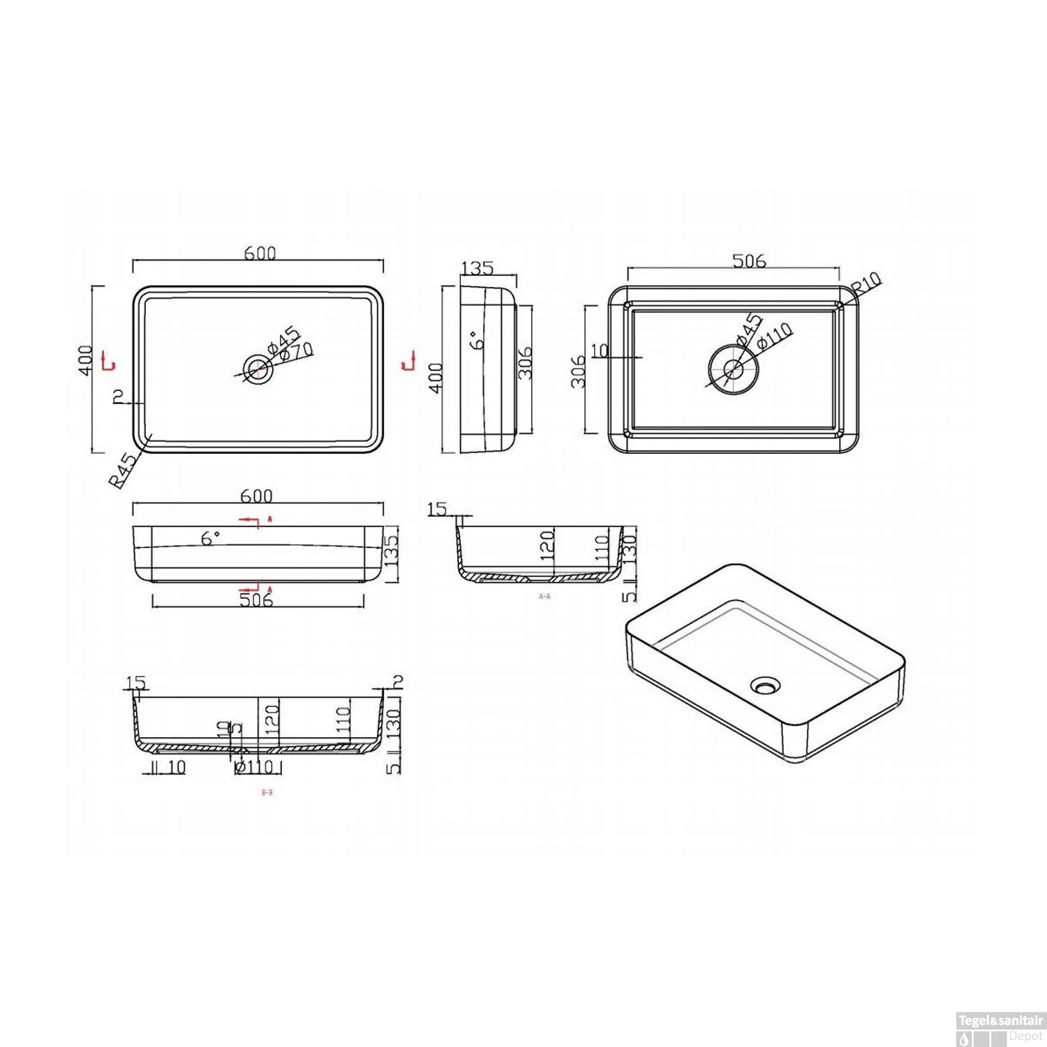 Waskom Opbouw Rechthoekig Luca Sanitair 60x40x13,5 Cm Solid Surface Mat Wit 6 Waskom Opbouw Rechthoekig Luca Sanitair 60x40x13,5 Cm Solid Surface Mat Wit - Afbeelding 4