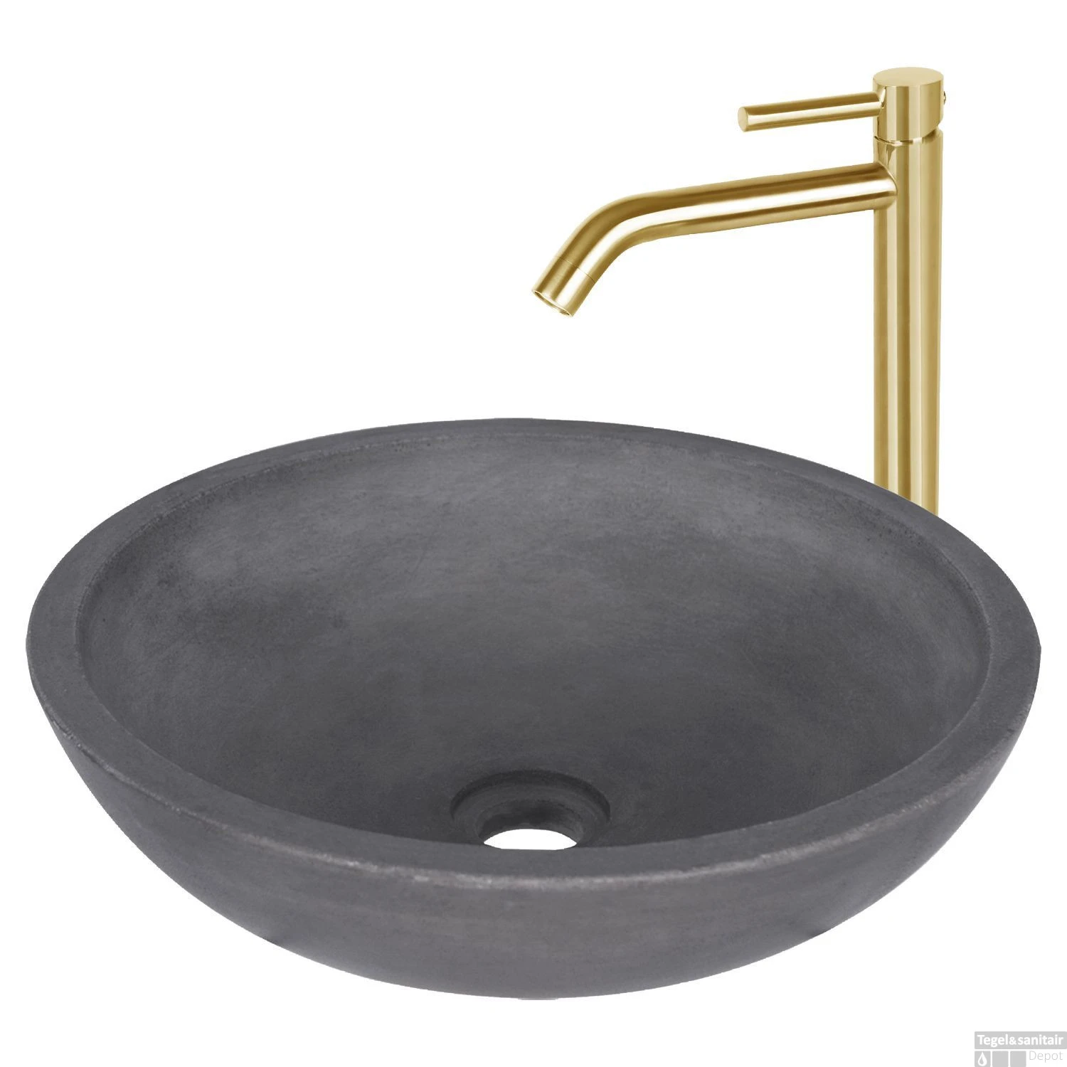 Waskomset Differnz Ravano Beton 40x12 Cm Antraciet Met Hoge Wastafelkraan Mat Goud