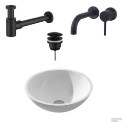 Waskomset Solidsurface Incl Mat Zwarte Inbouwkraan Afvoer En Waste -Sealkin Badkamermeubilair Winkel waskomset solidsurface mat zwart incl kraan afvoer en waste shop