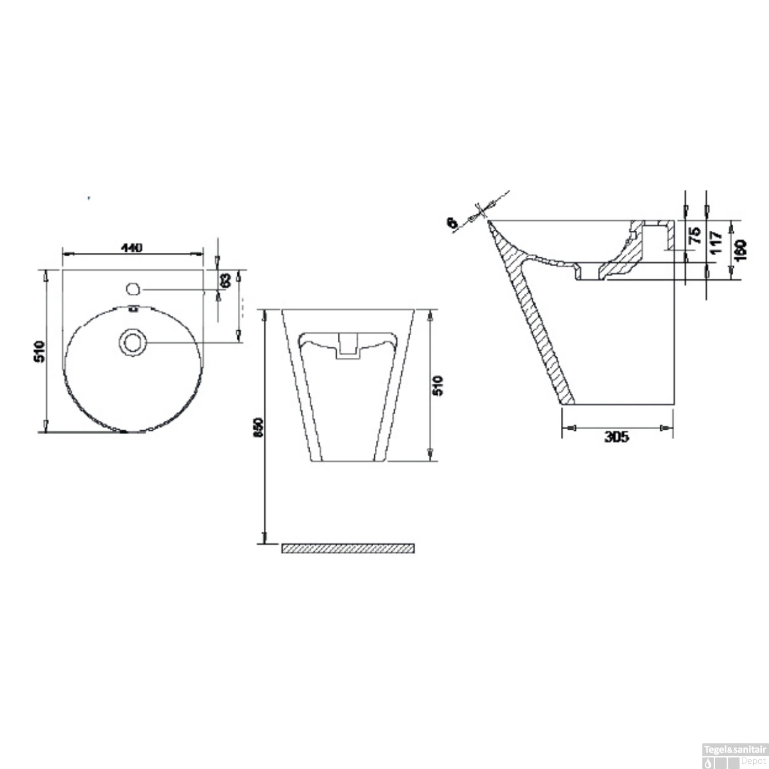 Wastafel Boss & Wessing Cone Keramisch 51x44cm Met Kraangat Mat Wit 5 Wastafel Boss & Wessing Cone Keramisch 51x44cm Met Kraangat Mat Wit - Afbeelding 3