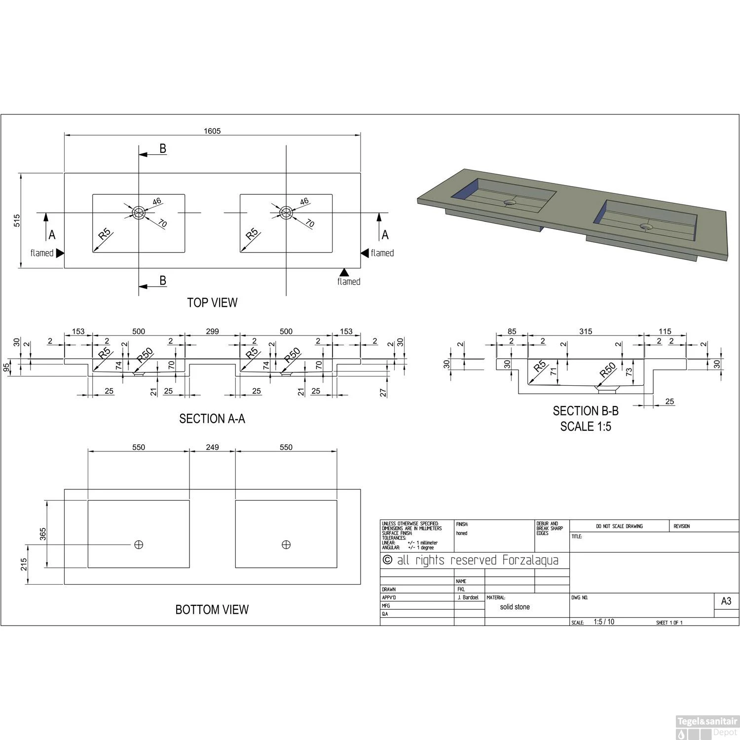 Wastafel Forzalaqua Helsinki Hardsteen Gefrijnd Zonder Kraangat 160,5x51,5x9,5 Cm 4 Wastafel Forzalaqua Helsinki Hardsteen Gefrijnd Zonder Kraangat 160,5x51,5x9,5 Cm - Afbeelding 2