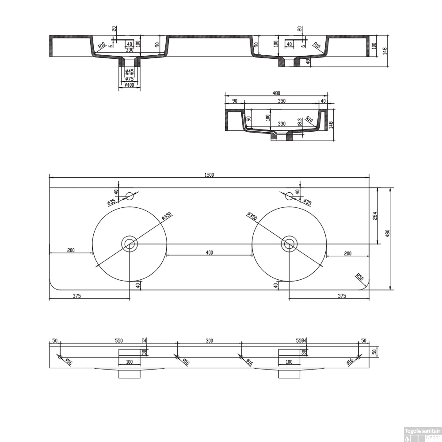 Fontein Ideavit Solidbrio 150x48x14 Cm Solid Surface Mat Wit 5 Fontein Ideavit Solidbrio 150x48x14 Cm Solid Surface Mat Wit - Afbeelding 3