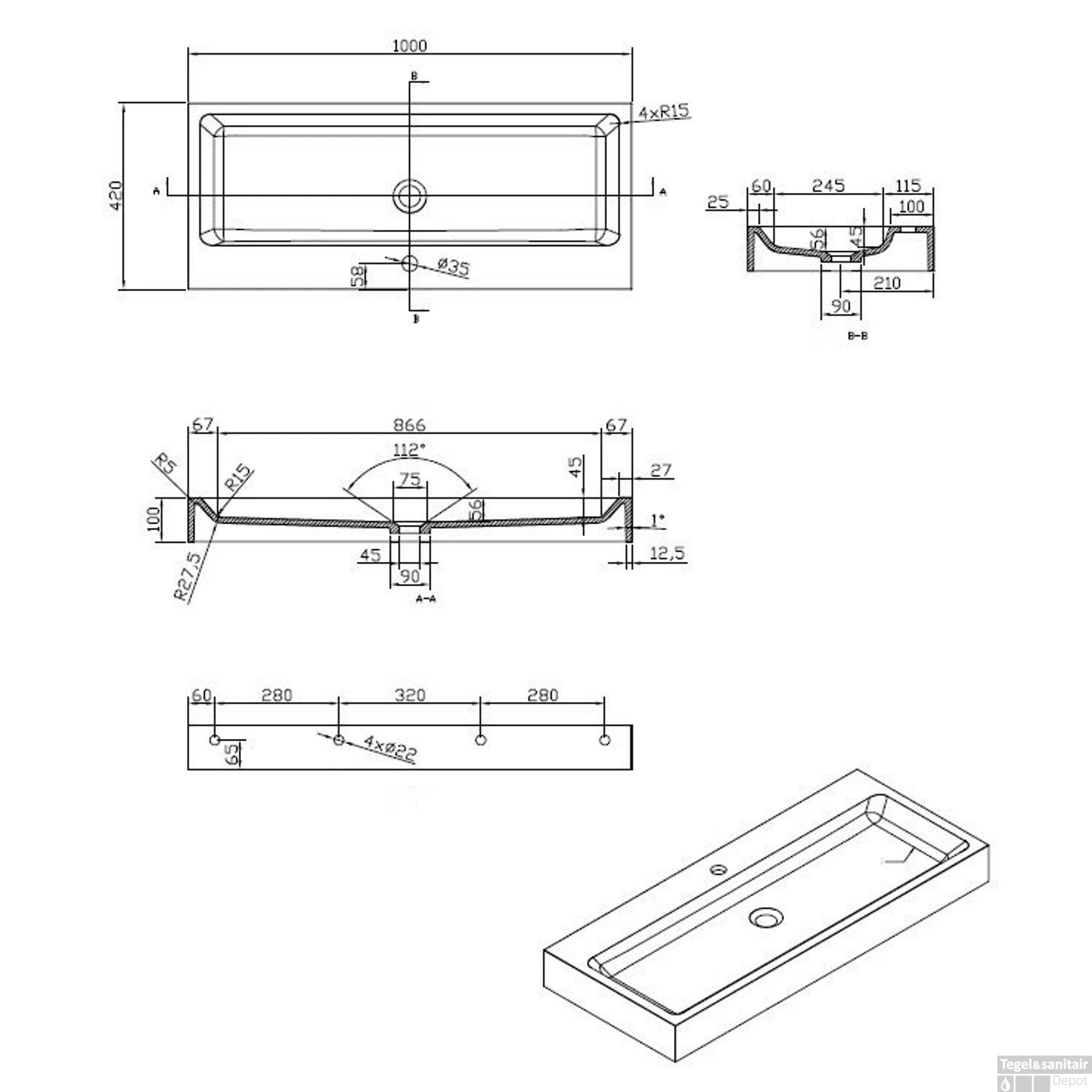 Wastafel Best Design Opera-100 Just-Solid 100x42x10 Cm Mat Wit 4 Wastafel Best Design Opera-100 Just-Solid 100x42x10 Cm Mat Wit - Afbeelding 2