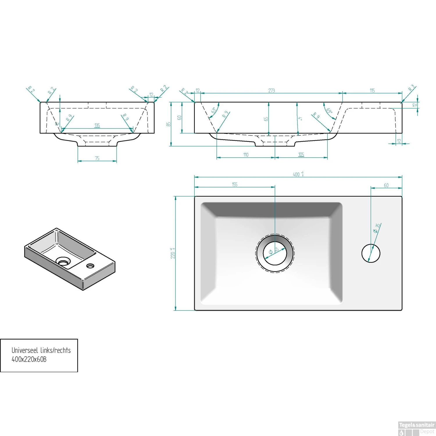 Wastafel Sanicare Q40 40x22 Cm Mineraalmarmer Wit 4 Wastafel Sanicare Q40 40x22 Cm Mineraalmarmer Wit - Afbeelding 2