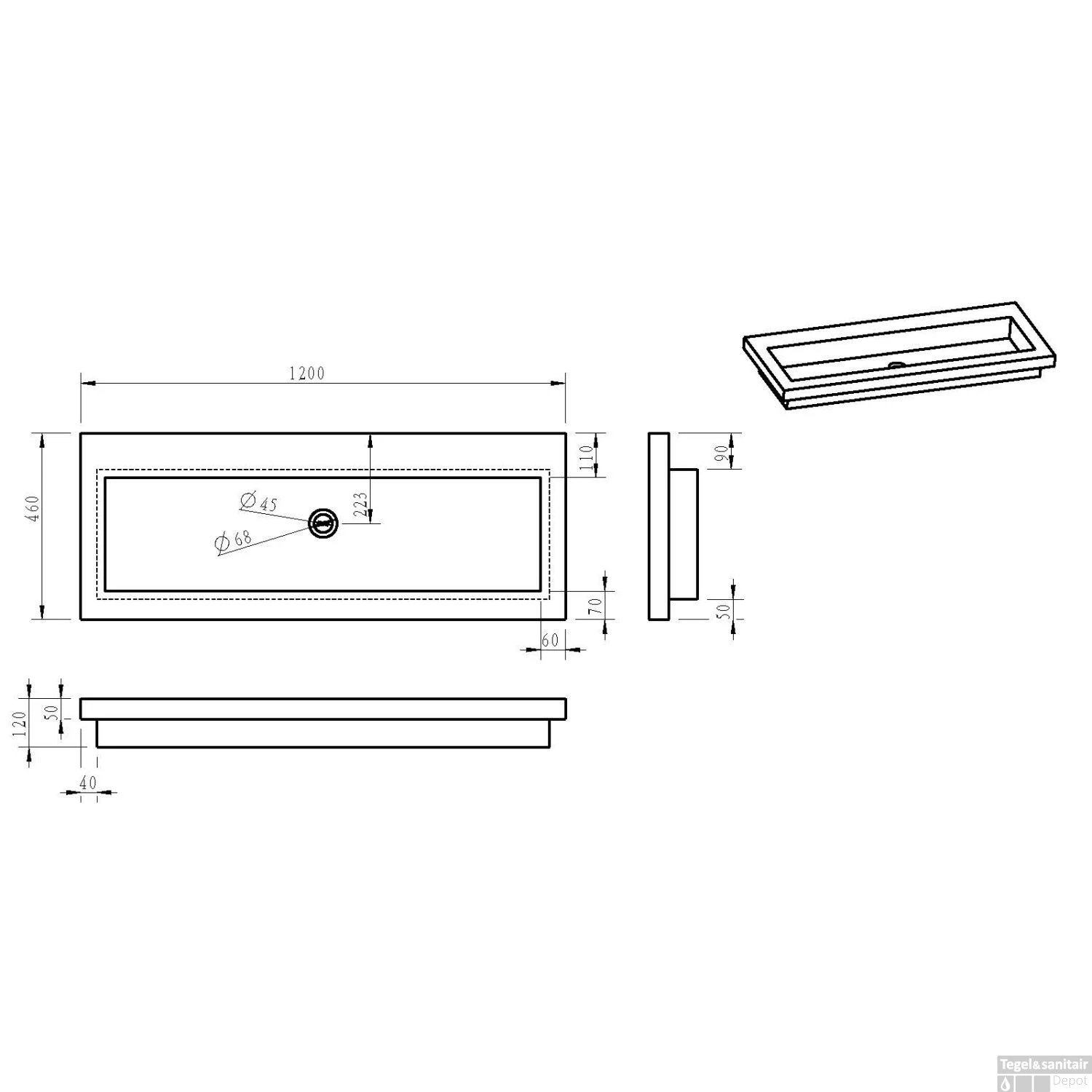 Wastafel Wiesbaden B-Stone 120x46x5 Cm Zonder Kraangaten Hardsteen Zwart 4 Wastafel Wiesbaden B-Stone 120x46x5 Cm Zonder Kraangaten Hardsteen Zwart - Afbeelding 2