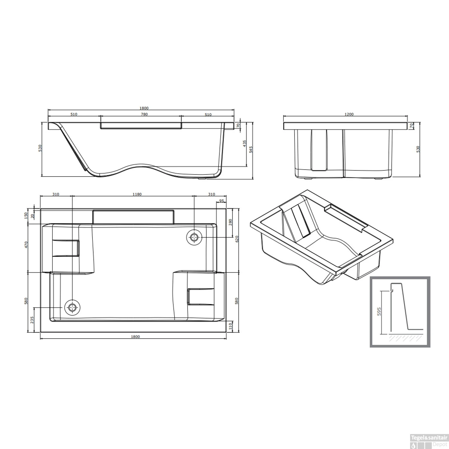 Whirlpool Sanindusa Twospace 180x120 Cm Met Pneumatische Bediening Glans Wit - Afbeelding 2